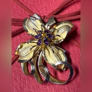 Vintage Sterling Silver Bond Boyd Gold Washed Flower Brooch with Purple Stones